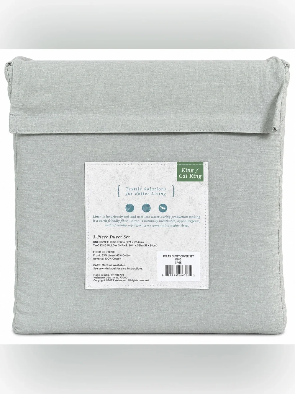 WelHome Welspun King Cal King Sage Linen Cotton 3PC Duvet Set